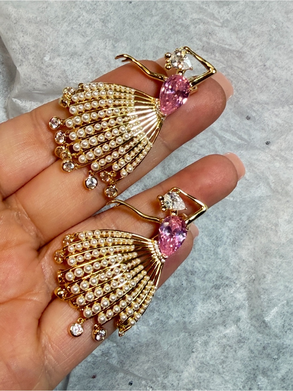 Dancing Lady Brooches Set of 2 Faux Pearl Rhinestone Dangle Skirts